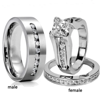 Anillos románticos de acero inoxidable para hombres y mujeres, conjunto de anillos de circón de cristal Simple, anillo de boda