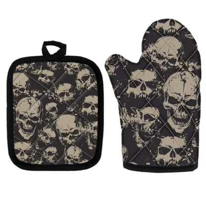 Guantes resistentes al calor para horno microondas, manoplas de cocina con calavera gótica para Halloween, juego de soportes para ollas y barbacoa