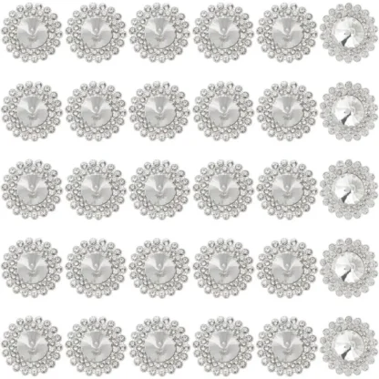 30 Uds. Botones redondos de plata de 1 pulgada con diamantes de imitación, adornos brillantes, botones de vidrio, kit de fabricación de vástago de diamantes de imitación de aleación de 1 agujero