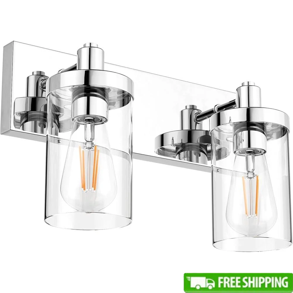 Luz de tocador cromada de acero inoxidable, 2 enchufes E26, accesorio de iluminación de pared de baño de vidrio transparente, instalación regulable hacia arriba y hacia abajo