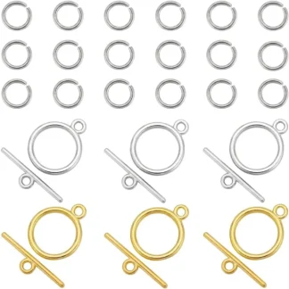 1 caja de 60 juegos de cierres OT, cierre de palanca dorado, 200 Uds., anillos de salto abiertos de acero inoxidable, kit de fabricación de Metal redondo de aleación de plata tibetana