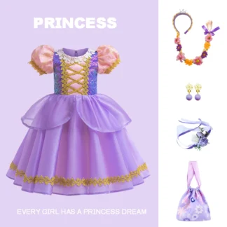 Nuevo Vestido de princesa Rapunzel para niñas, Vestido morado con lentejuelas y mangas abullonadas, Vestido de fiesta de cumpleaños y Halloween, disfraz de cumpleaños para niños