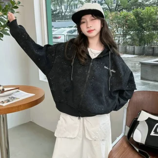 Sudadera con capucha brillante para niñas adolescentes, chaqueta informal, abrigo suelto de algodón, abrigo para niños, ropa para niños de 4 a 14 años, otoño