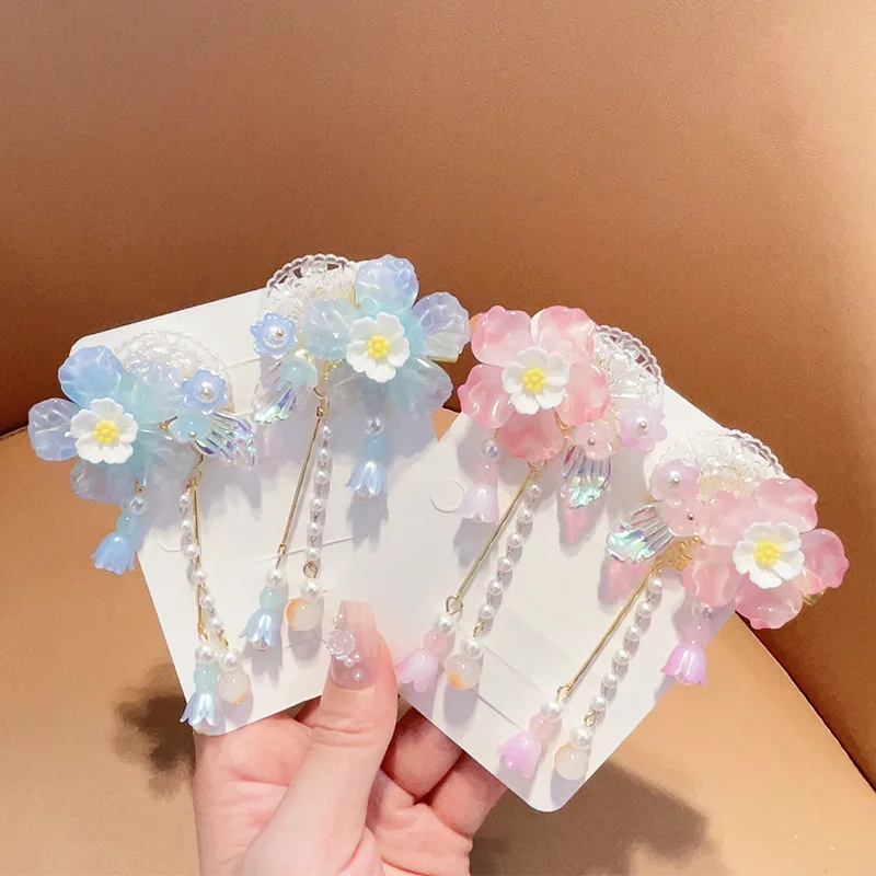 1 par de pinzas para el pelo de flores para niñas, horquilla con colgante de perlas, Tiara clásica bonita con borlas, tocado Hanfu chino, joyería para el cabello Vintage de hadas