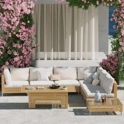Juego de muebles de mimbre para Patio, 8 piezas, con tapa elevable, mesa de almacenamiento de café, juego de conversación, sofá seccional con resistente al agua y grueso
