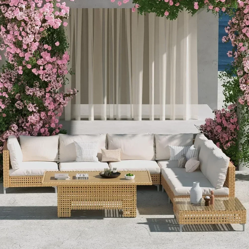Juego de muebles de mimbre para Patio, 8 piezas, con tapa elevable, mesa de almacenamiento de café, juego de conversación, sofá seccional con resistente al agua y grueso