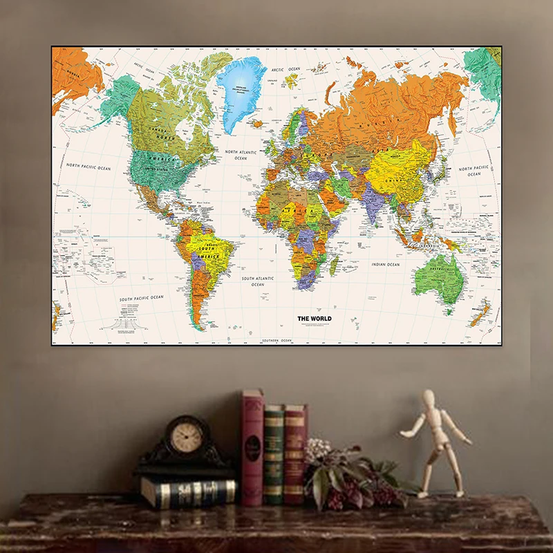 Mapa del mundo Vintage de 140x100cm en inglés, pintura en lienzo no tejido, póster artístico de pared, decoración del hogar para sala de estar, suministros escolares