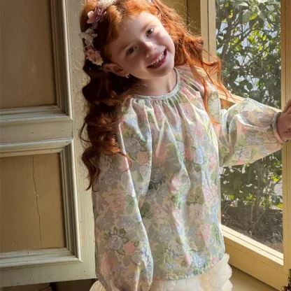 Primavera y verano, camisa pastoral floral para niña, camiseta de muñeca de manga larga para niña