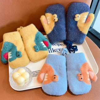 Guantes cálidos para niños, guantes tejidos de Jacquard con cordón de dibujos animados, manoplas de lana de doble capa, manoplas de dibujos animados, cálidos para invierno de 4 a 6 años