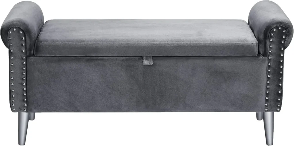 Banco de dormitorio, banco de extremo de cama con brazos, ventana tapizada con capitoné de terciopelo, otomano de almacenamiento para entrada de sala de estar, gris