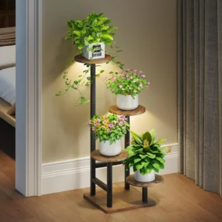 Soporte alto para plantas de 4 niveles para interiores con luz de cultivo, gancho para cesta colgante y luz ajustable, estante para plantas de metal