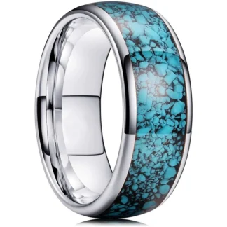 Anillos de acero inoxidable de 8mm a la moda para hombre, anillos de piedra turquesa sintética azul con incrustaciones para hombre y mujer, banda de compromiso de boda, regalo de joyería