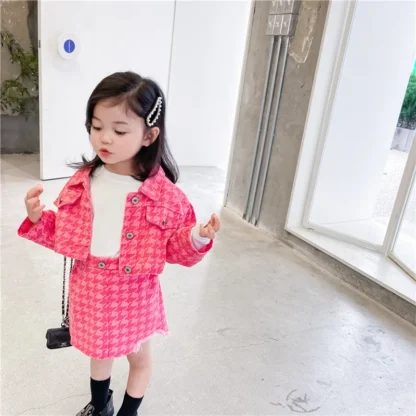 Conjunto de dos piezas de ropa de estilo coreano para niña, chaqueta vaquera de un solo pecho a cuadros rosas, abrigos, faldas envolventes a la cadera