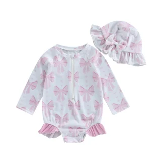 Traje de baño para niñas pequeñas con sombrero, conjunto de 2 piezas con volantes y cremallera, manga larga, cuello redondo, trajes de baño para niñas