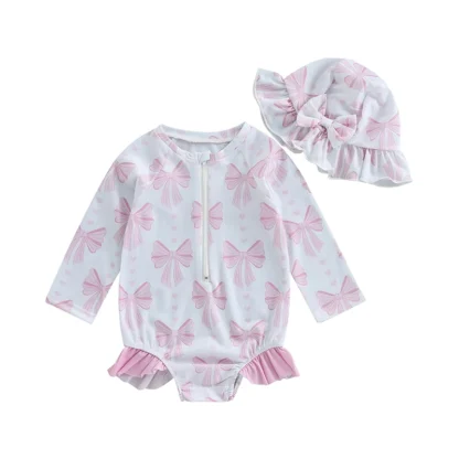 Traje de baño para niñas pequeñas con sombrero, conjunto de 2 piezas con volantes y cremallera, manga larga, cuello redondo, trajes de baño para niñas