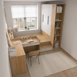 Tatami de dormitorio de unidad pequeña con escritorio, cama, armario, cama individual con panel integrado