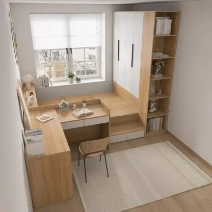Tatami de dormitorio de unidad pequeña con escritorio, cama, armario, cama individual con panel integrado