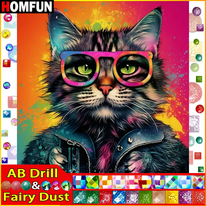 HOMFUN-pintura diamante 5D DIY "gato Animal", bordado de diamantes de imitación, estilo punto de cruz, decoración del hogar
