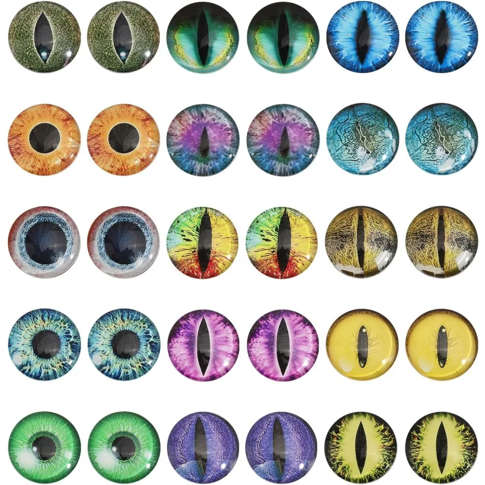 30 Uds. Cabujones de cristal con ojos de dragón de 15 estilos, cabujones de cristal con ojos de gato luminosos que brillan en la oscuridad, ojos de animales, parte posterior plana para accesorios de arte