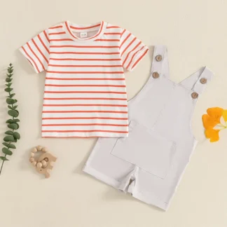 Conjunto de ropa de 2 piezas para niños pequeños, camisetas de manga corta con cuello redondo y pantalones cortos con tirantes