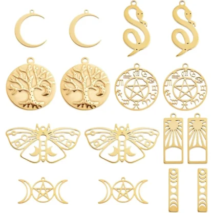 16 Uds. De dijes de árbol de la vida estilo Tarot de acero inoxidable chapado en oro de 18 quilates, abalorio de serpiente de fase lunar, kit de fabricación de luna de Triple diosa