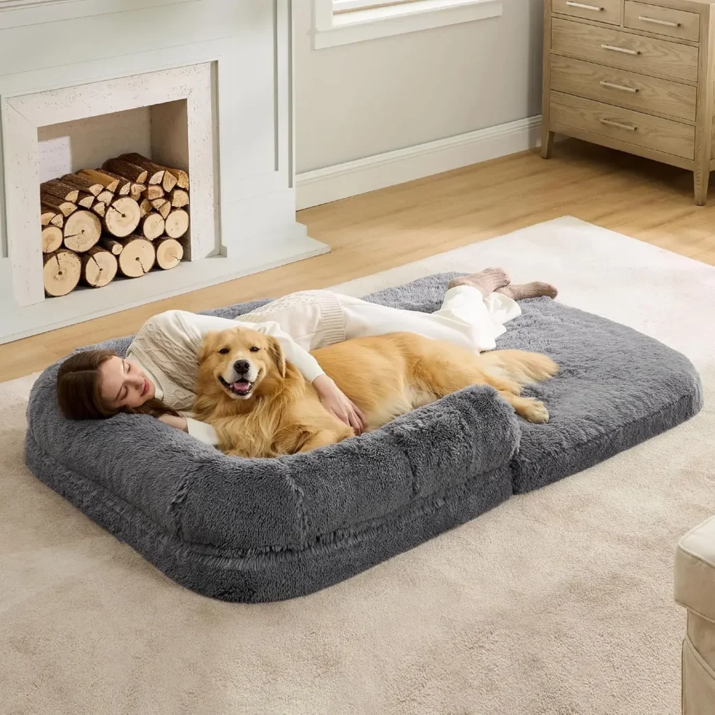 Cama plegable para perros humanos para personas y adultos, cama gigante calmante 2 en 1 de tamaño humano para perros que se adapta a familias de mascotas con soporte de espuma para huevos