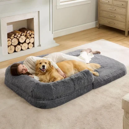 Cama plegable para perros humanos para personas y adultos, cama gigante calmante 2 en 1 de tamaño humano para perros que se adapta a familias de mascotas con soporte de espuma para huevos
