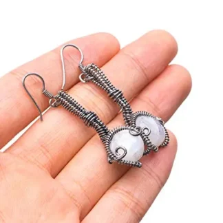 StarGems ® Pendientes de plata de ley 925 bohemios hechos a mano con piedra lunar arcoíris natural 2 "T4724