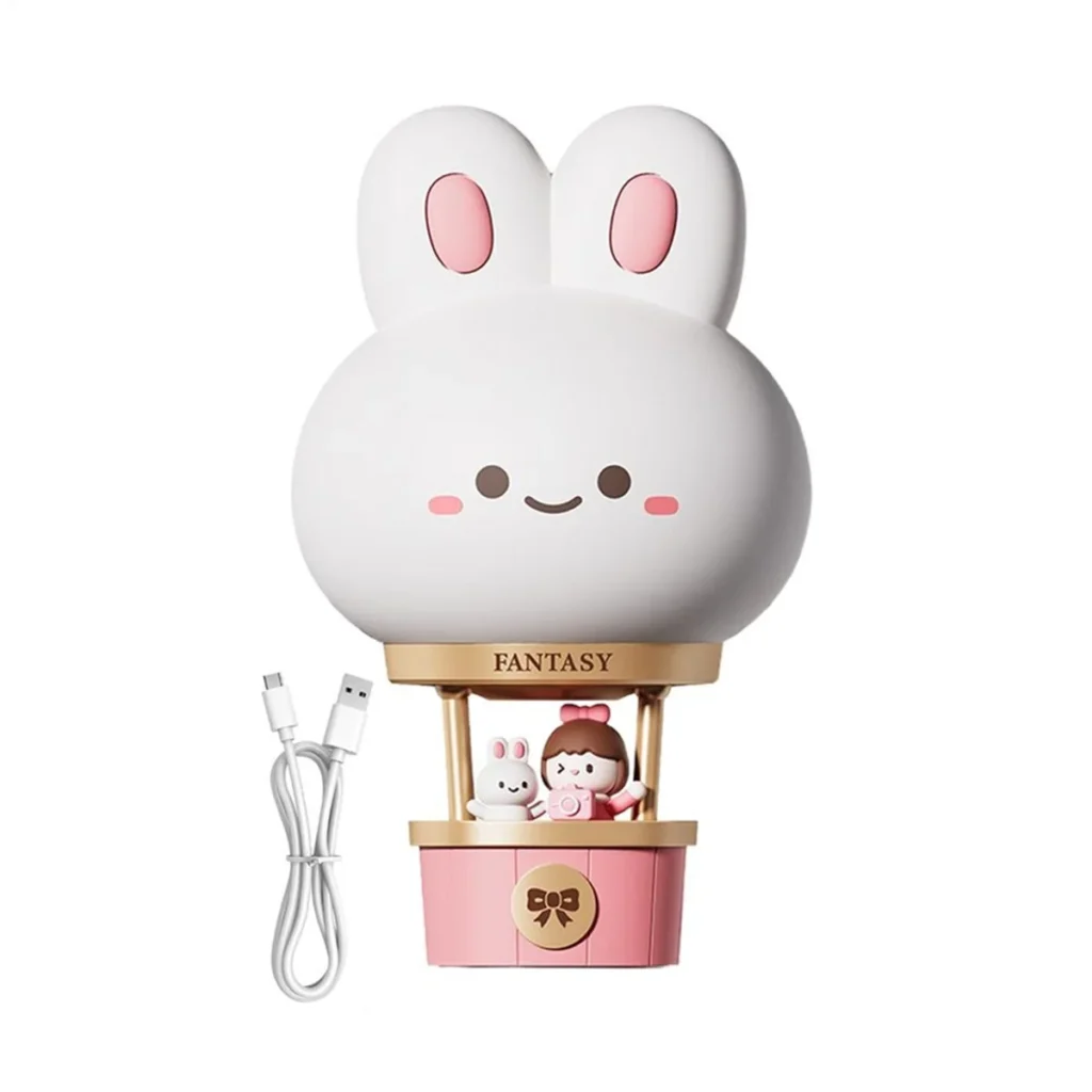 ABLQ Luz nocturna para guardería, conejito de dibujos animados, globo de aire caliente, escritorio, luz nocturna, adornos de mesa, iluminación novedosa para el hogar, estatua de Animal