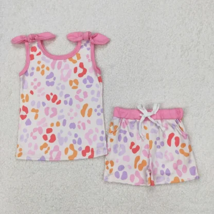 Venta al por mayor, camisa con tirantes y lazos para niña, ropa de dormir con bolsillos, pantalones cortos, conjunto de leopardo, ropa, pijamas para niños, traje infantil, ropa de dormir