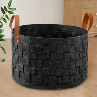 Cesta para la colada de 20 "x 20 x 11,8, cesta grande redonda para manta con mango de cuero, cesta de almacenamiento de fieltro para sala de estar, guardería, juguete para perros