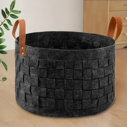 Cesta para la colada de 20 "x 20 x 11,8, cesta grande redonda para manta con mango de cuero, cesta de almacenamiento de fieltro para sala de estar, guardería, juguete para perros