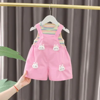 2025 nuevo mono de dibujos animados con tiras de colores para niñas, pantalones con tirantes de manga corta, conjunto de 2 uds., trajes de verano para bebés, ropa bonita de pato para niños