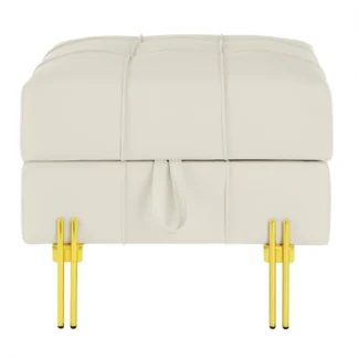 Taburete de almacenamiento con superficie de cuero de 22 pulgadas, patas doradas de acero inoxidable, banco de diseño simple, beige.