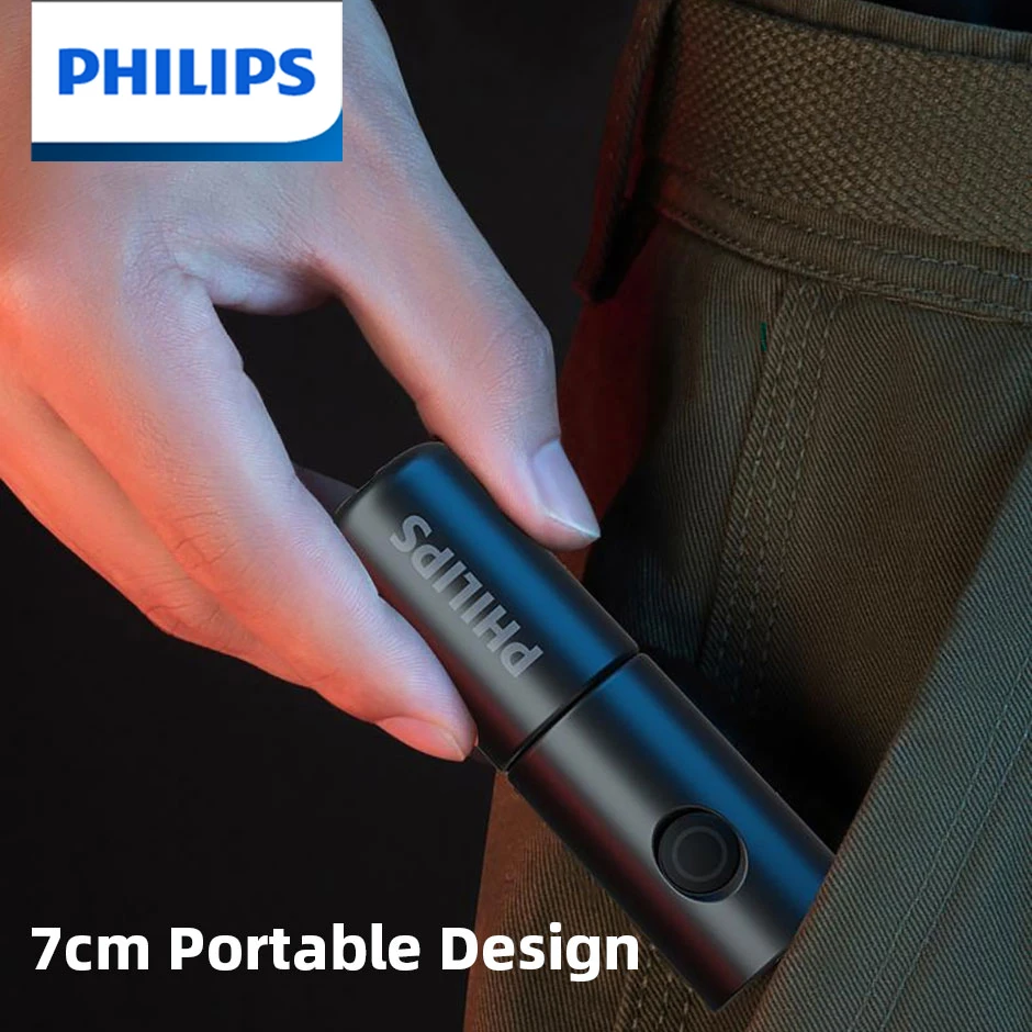 Philips nuevo 7cm LED recargable mini linterna portátil 7 modos de iluminación para senderismo y viaje autodefensa