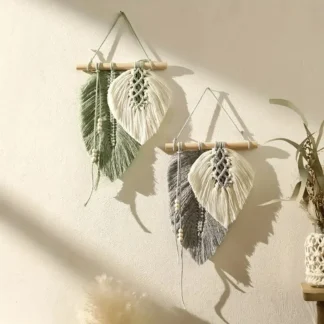 Colgante de pared de hojas de macramé hecho a mano, tapiz de hojas tejidas bohemias, arte de pared para dormitorio, decoración del hogar, regalo para mujeres y niñas