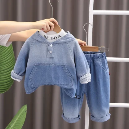 Traje de manga larga con capucha para niños, conjunto de 3 piezas, vaquero, versión coreana, tendencia de otoño