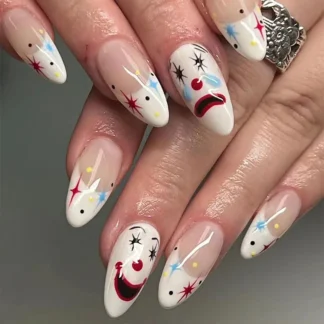 Uñas postizas con forma de payaso para chica, uñas postizas extraíbles de 24 piezas, uñas acrílicas de mediano y largo con diseño de punta francesa, uñas adhesivas