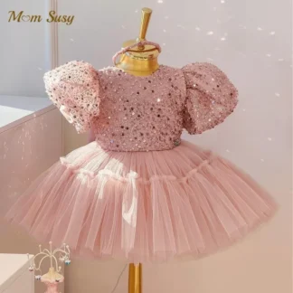 Vestido tutú de princesa con lentejuelas para niña, Vestido con mangas abullonadas para niño pequeño, Vestido con lazo, ropa para fiesta de cumpleaños y boda, 1-14 años