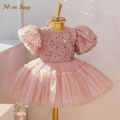 Vestido tutú de princesa con lentejuelas para niña, Vestido con mangas abullonadas para niño pequeño, Vestido con lazo, ropa para fiesta de cumpleaños y boda, 1-14 años