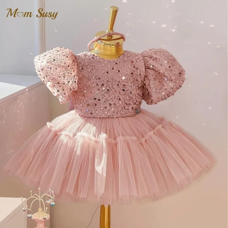 Vestido tutú de princesa con lentejuelas para niña, Vestido con mangas abullonadas para niño pequeño, Vestido con lazo, ropa para fiesta de cumpleaños y boda, 1-14 años