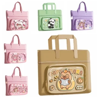 Bolso escolar Kawaii Capybara, organizador de archivos multicapa de mano con dibujos animados con asa, bonito bolso de archivo a4 con Panda