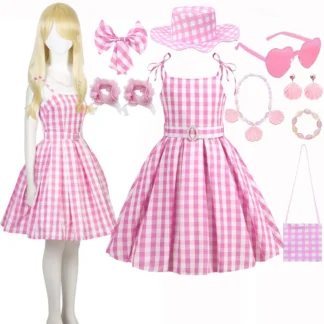 Nuevo vestido Barbi informal con tirantes de Barbi rosa a rayas de playa de verano para niña, vestido clásico de película de Cosplay, falda Margot con cinturón