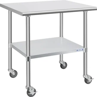 Mesa de acero inoxidable para preparación y trabajo con ruedas, mesa comercial resistente con respaldo y patas galvanizadas