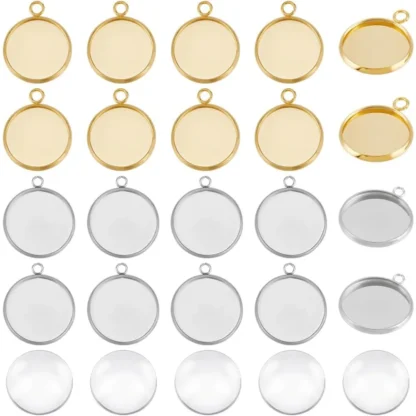 40 Uds., 2 colores, colgante de acero inoxidable 304, ajustes de cabujón, copas de bisel de borde liso, bandeja de 16mm, kit de fabricación de colgantes redondos planos