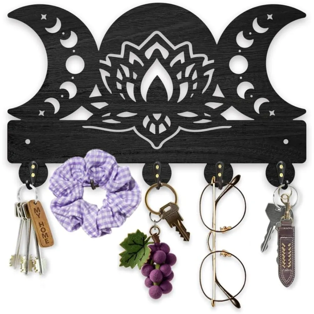Llavero Triple Luna con flor de loto para pared, 11,8x7,3 pulgadas, estante para llaves de fase lunar de loto de madera, kit de fabricación de ganchos para sombrero y abrigo con tema mágico