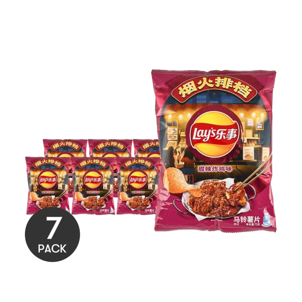 Lote de 7 unidades de patatas fritas, lote de 7 unidades de 2,47 oz con sabor a pollo frito dulce y picante