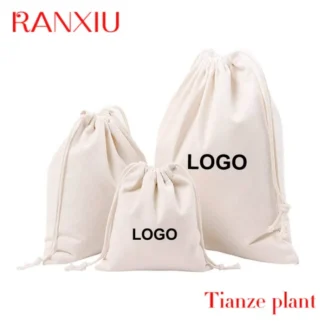Bolsa de algodón de muselina orgánica ecológica personalizada, bolsa promocional Grande y Pequeña, tela de Calico blanco, bolsa de lona con cordón, Impresión de logotipo