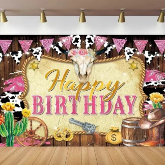 Fondo de fotografía de feliz cumpleaños para niñas, botas rosas, sombrero de granja, fondo de madera de Cactus, decoración de fiesta