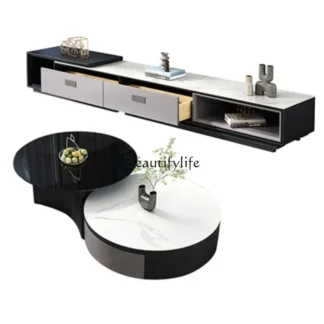 Recién llegados, mueble de TV de losa de roca, mesa de centro combinada para sala de estar, gabinetes de suelo retráctiles de lujo ligeros italianos 7304